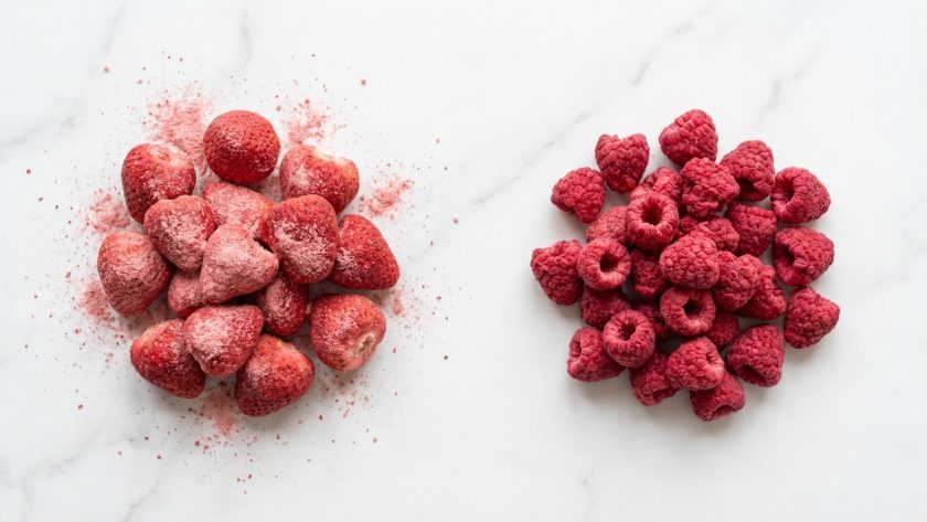 Liofilizowane truskawki i maliny porównanie — dwa owoce na białym marmurze