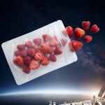 Liofilizowane truskawki i maliny w opakowaniu kosmicznym na tle ISS i Ziemi