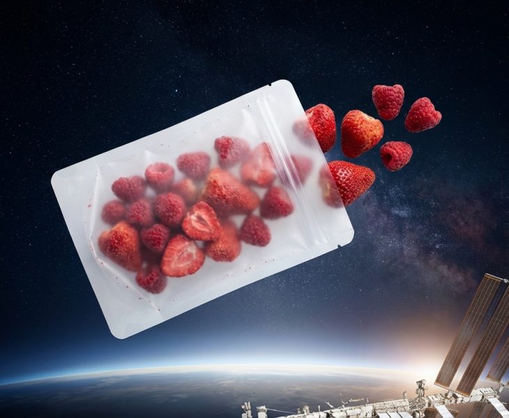 Liofilizowane truskawki i maliny w opakowaniu kosmicznym na tle ISS i Ziemi