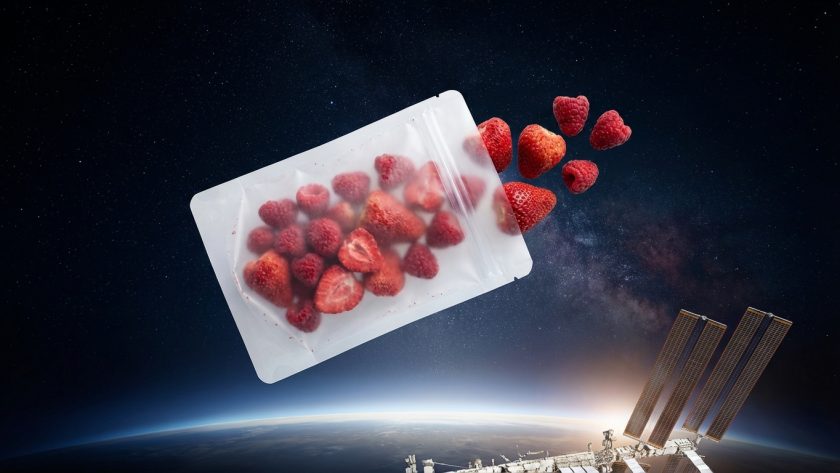 Liofilizowane truskawki i maliny w opakowaniu kosmicznym na tle ISS i Ziemi